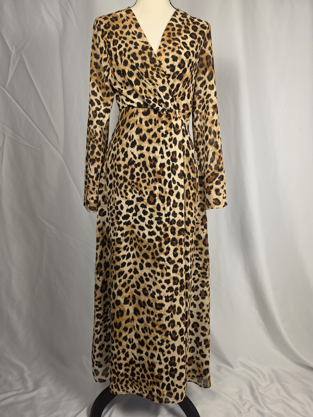 ZARA Leopard Print Maxi Dress Long Sleeve V-Neck Sz XS